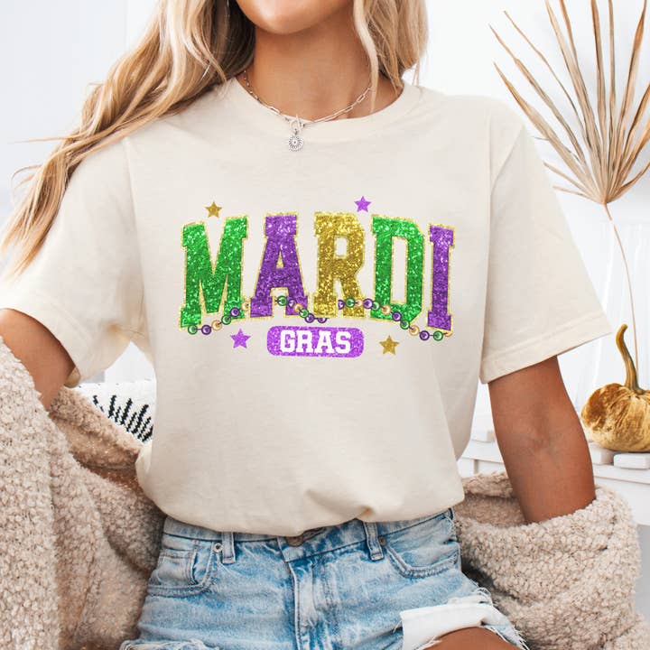 Mardi Gras faux sequins women's graphic t-shirt, Holiday top for wholesale by ATTA TOOD LLC
