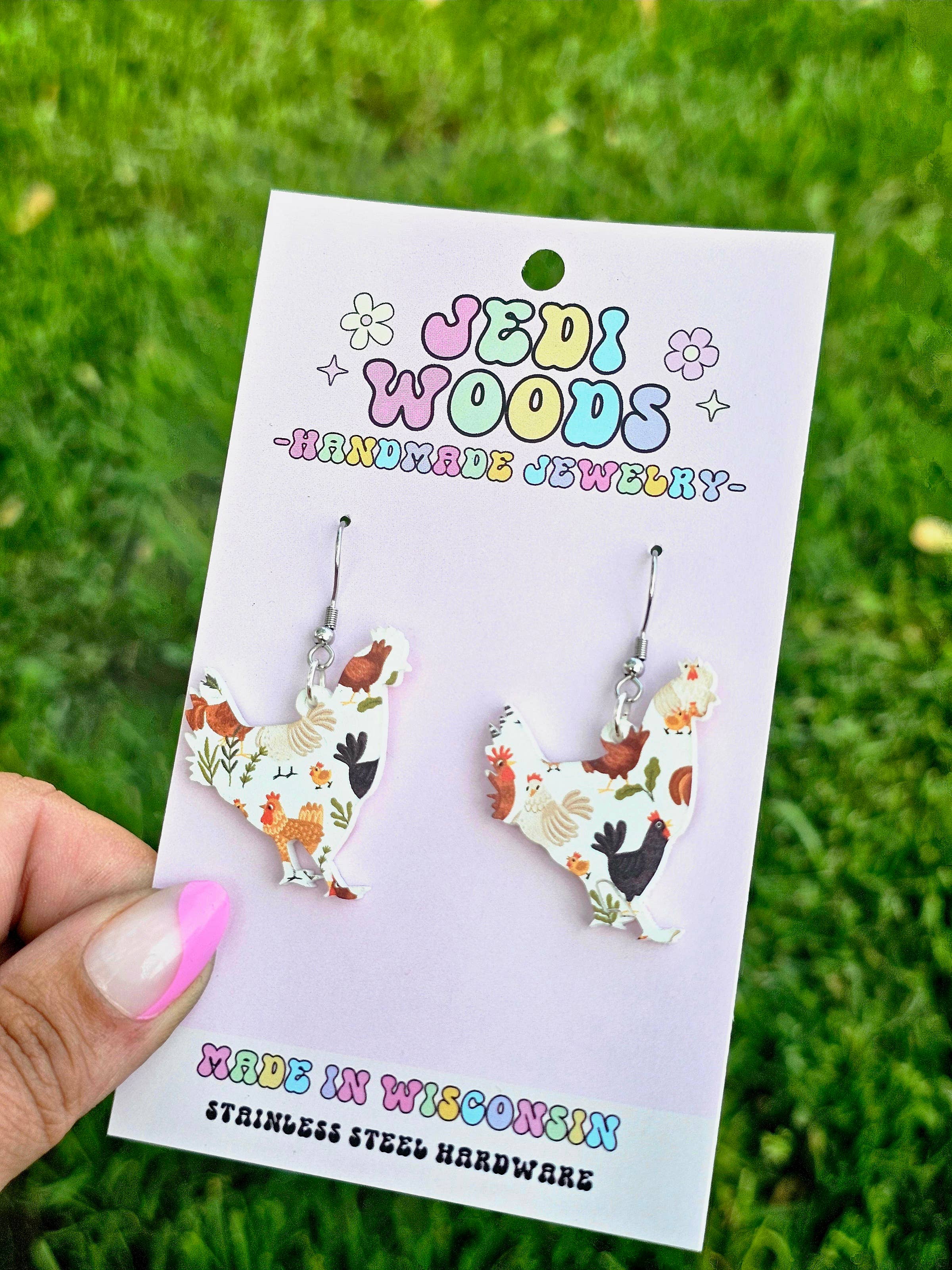 Jedi Woods LLC - Vente Boucles d'oreilles pendantes - Boucles d'oreilles en forme de poulet avec détails en acier inoxydable2
