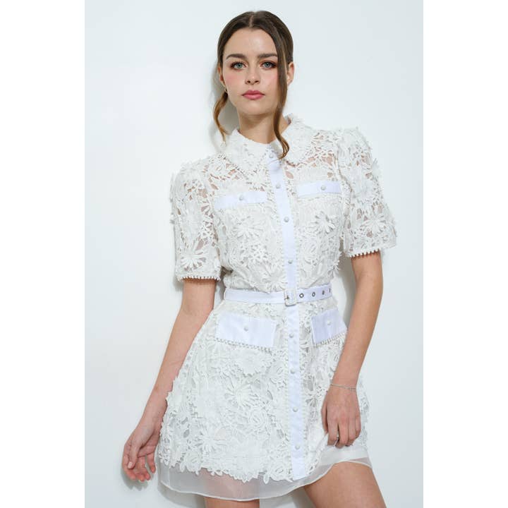 INA - Wholesale Dress - Women's - Short Puff Sleeve Floral Lace Belted Mini Dress
