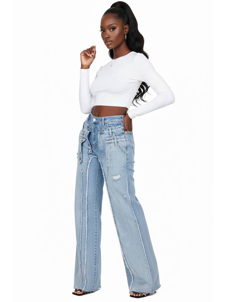 Denim PATCH WORKED DISTRESSED JEANS for wholesale on Faire2