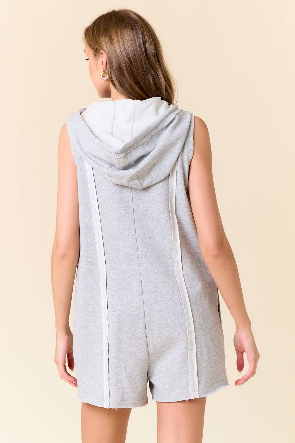 Doe and Rae - Wholesale Romper - Women's - French Terry Zip-Front Sleeveless Hooded Romper - 28002R3