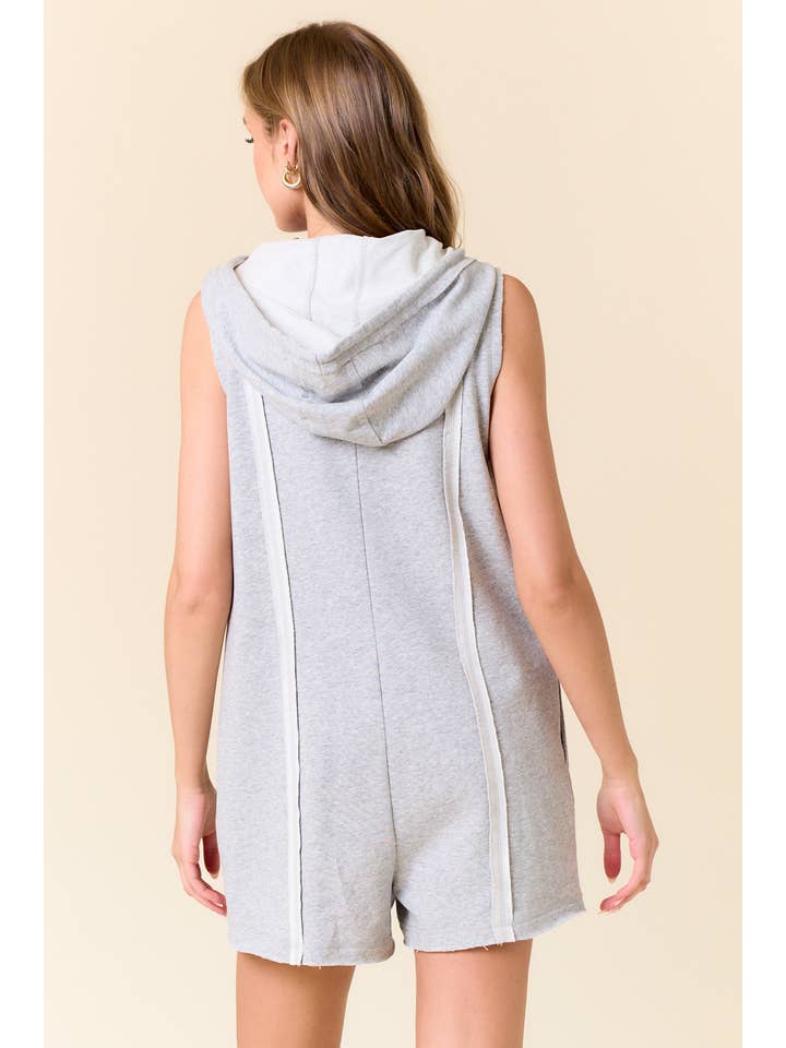 Doe and Rae - Wholesale Romper - Women's - French Terry Zip-Front Sleeveless Hooded Romper - 28002R3