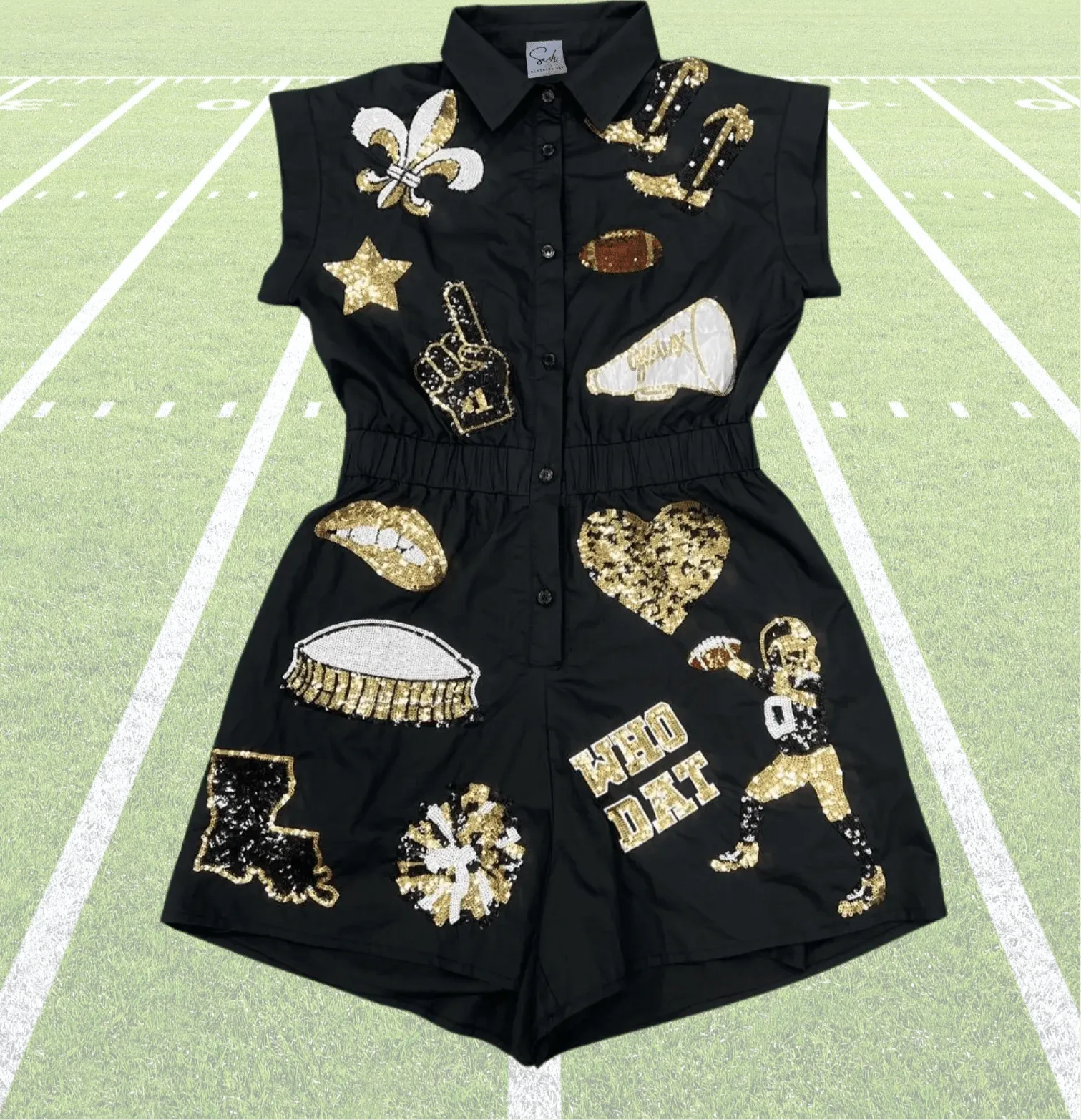 Sash Clothing Bar - Wholesale Romper - Women's - Black & Gold New Orleans Gameday Romper3