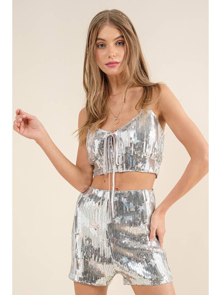 SILVER 32875SET - Sequin Star Crop Tank with Shorts Set for wholesale on Faire5
