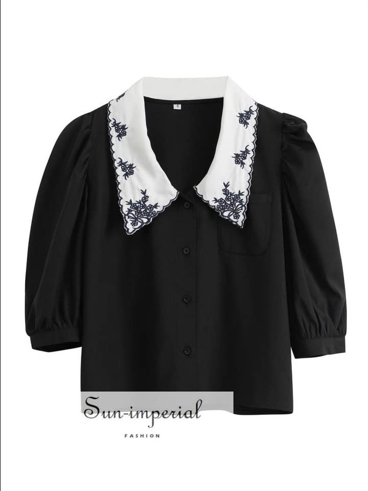 Black Women Buttoned Blouse with Red Embroidery Flower for wholesale by Sun Imperial