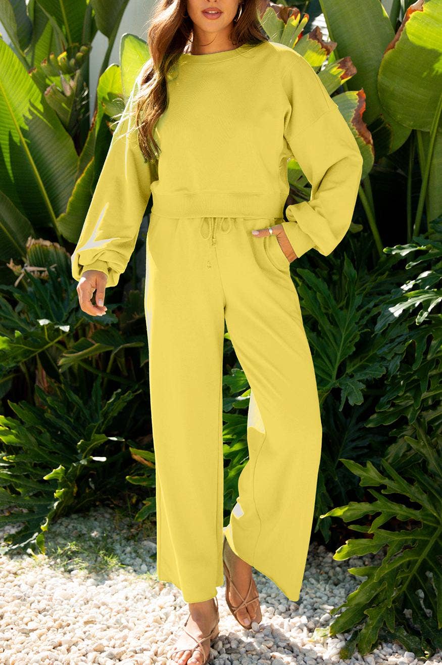 FULL TIME PURCHASE - Wholesale Top & Pant Set (NOT Loungewear) - Women's - Drop Shoulder Sleeve Pullover Drawstring Wide Leg Pants Set1