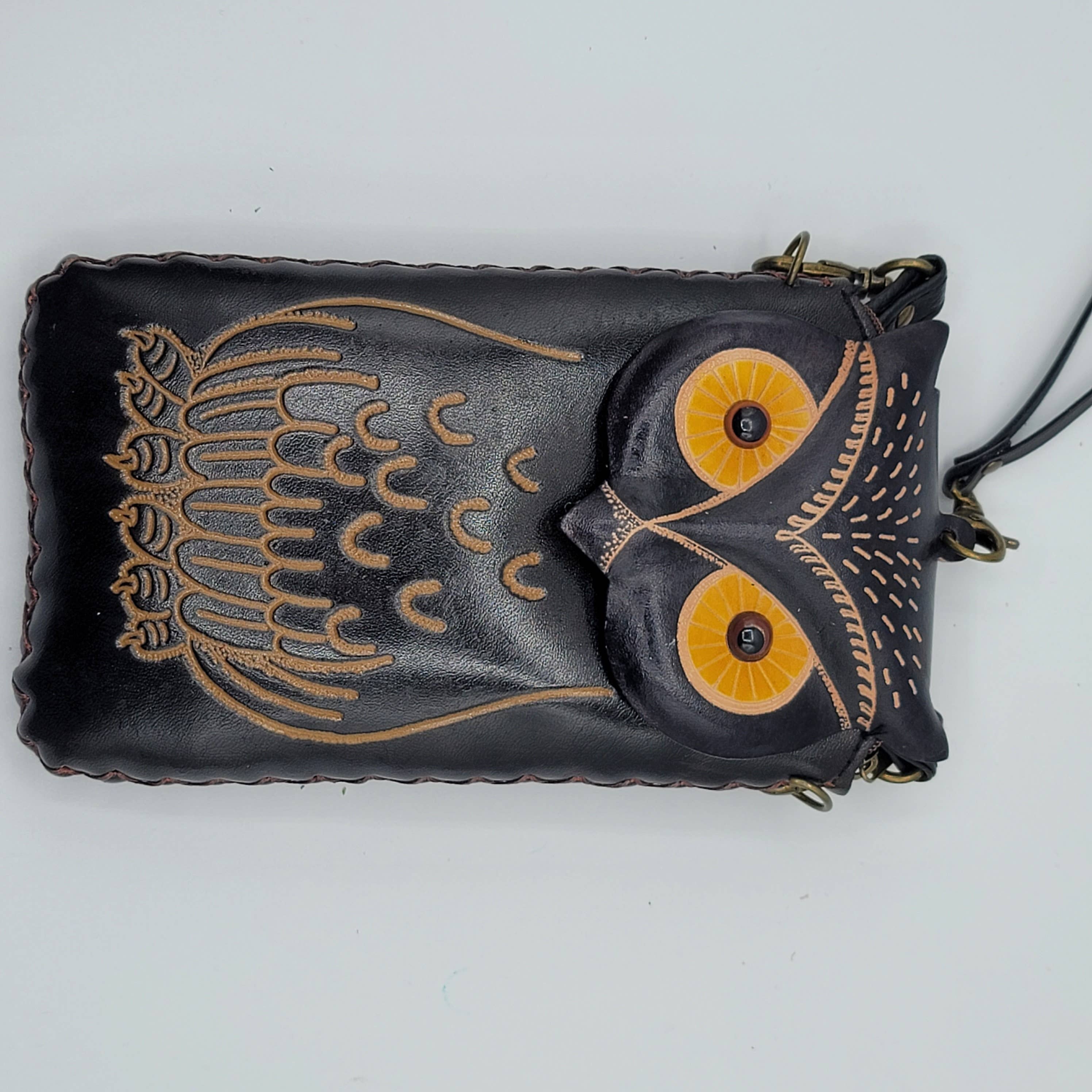 Sunflower Handmade leather inc – Bolsa de telefone - Mulher por atacado – Capa de telemóvel em couro artesanal de coruja8