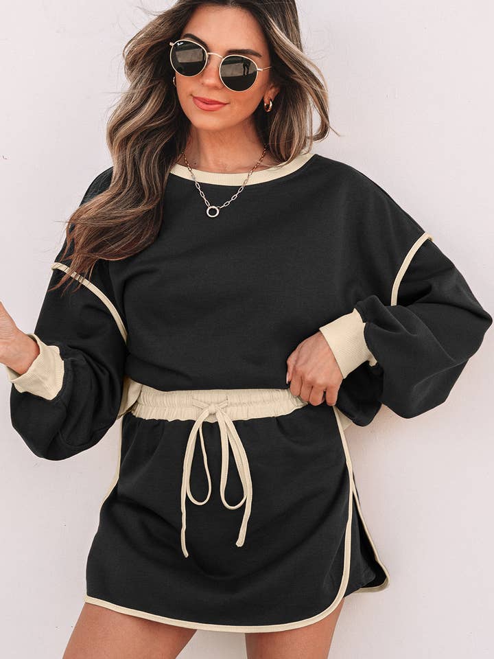 Conjunto de jersey holgado con contraste de color negro y falda pantalón con cordones en la cintura. para venta al por mayor de Sweet Lover Fashion
