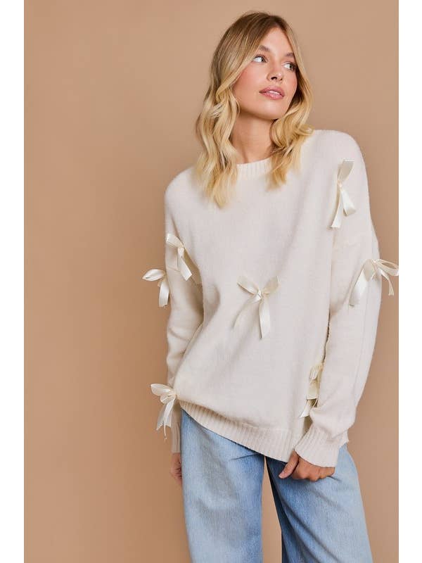 Cream Round Neck Long Sleeve Satin Bows Sweater for wholesale on Faire