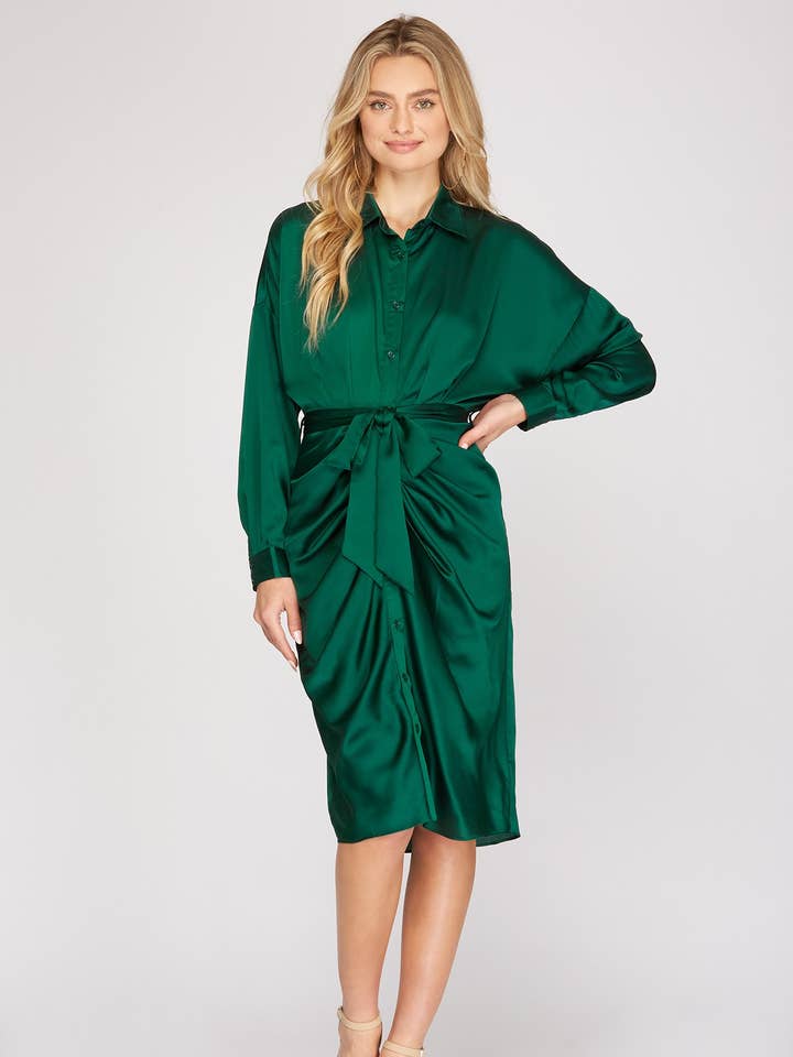 I-FS1801 Satin front tie ruched dress for wholesale by Fascination by Intrend