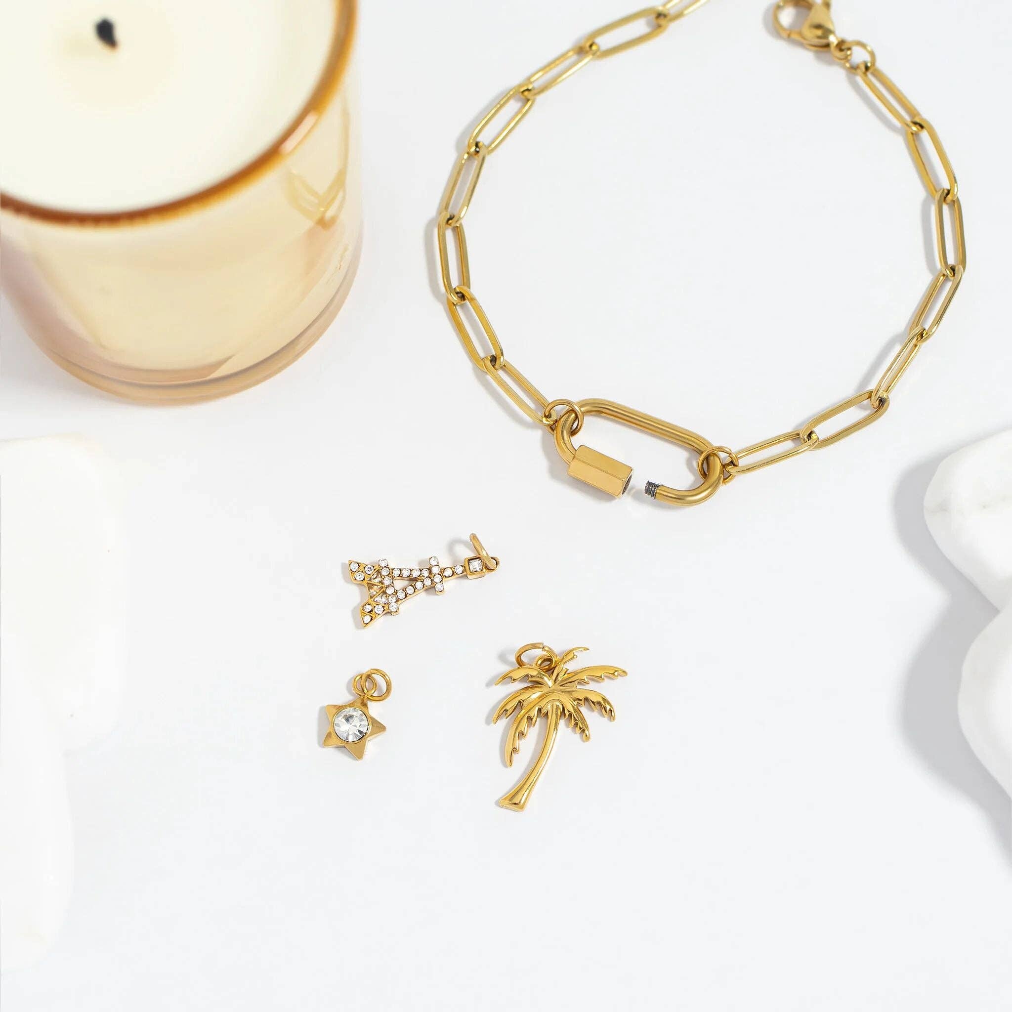 WJW – wholesale Individuell berlock/hänge – Palmträdberlock i rostfritt stål med 18K guld PVD6