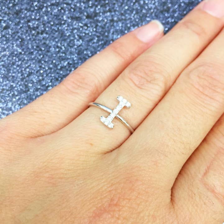 The Bead Bazaar - Wholesale Band/Stacked Ring - CZ Initial Rings, Initial Jewelry, Rings, Ring, Adjustable Ring, Adjustable Initial Ring, CZ Initial, Cubic Zirconia, Sterling Silver Rings