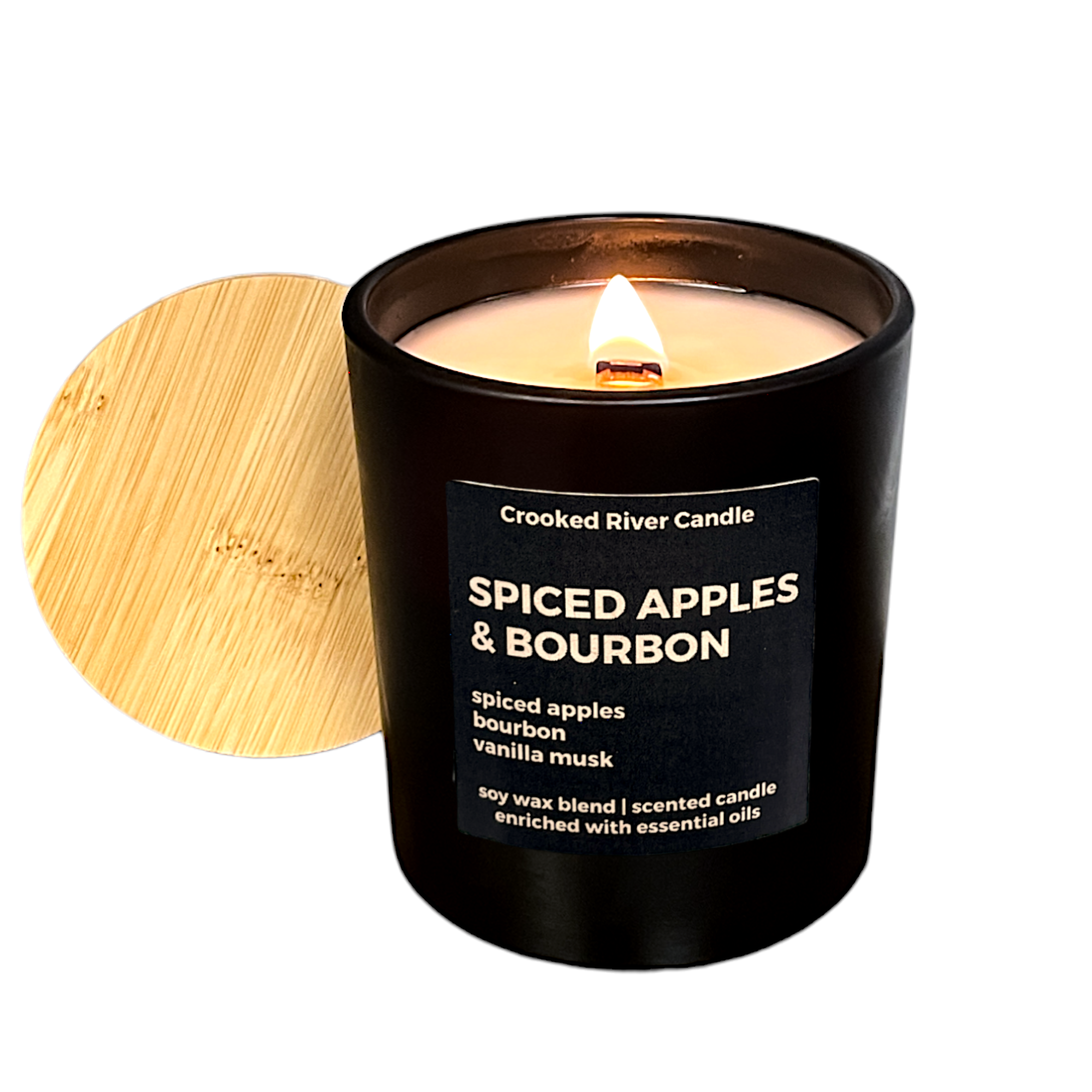 Crooked River Candle - Wholesale Jar/Filled Candle - Spiced Apples & Bourbon Candle- Matte Black Jar- Bamboo Lid2