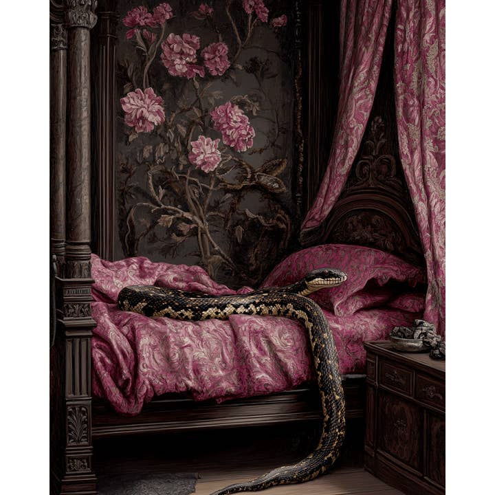 Mowbi - Vendita all'ingrosso Stampa artistica - Serpente su Letto Viola - Stampe d'Arte per Camera da Letto – Opera d'Arte 8″x10″ in Passepartout 11″x14″