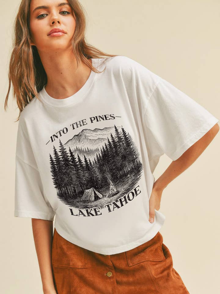 Into the Pines Lake Tahoe Graphic Long Cropped T-Shirt for wholesale by Honestee