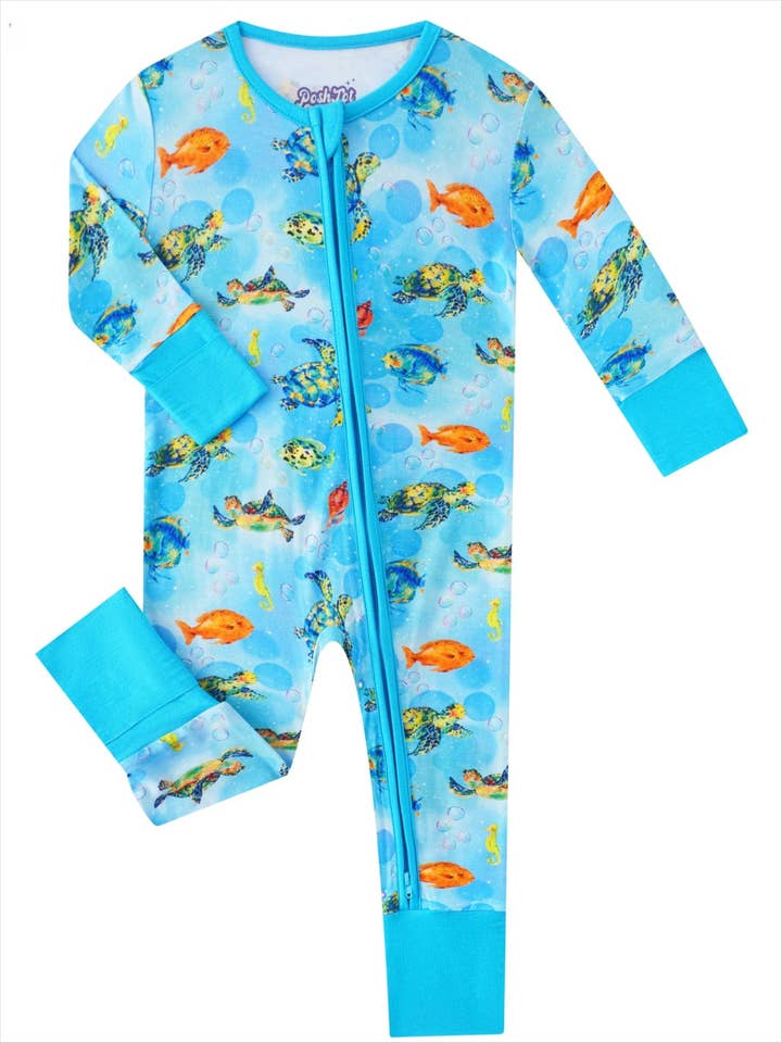 PoshTOT Little Sea turtle Bamboo Baby Convertible Zippy Romper for wholesale by Charlie's Project Kids