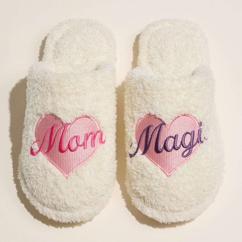 PK Fuzzy Slippers with Mom Magic Heart Embroidery for Christmas Gift for wholesale on Faire2