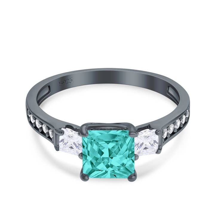 Princess Cut Art Deco Wedding Ring Black Tone, Simulated Paraiba Tourmaline CZ for wholesale by Blue Apple Imports