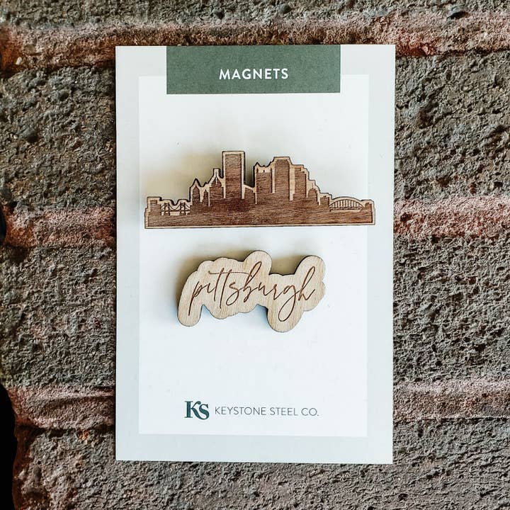 Keystone Steel Co. - Wholesale Magnet - Pittsburgh Skyline and Script Birch Wood Magnets