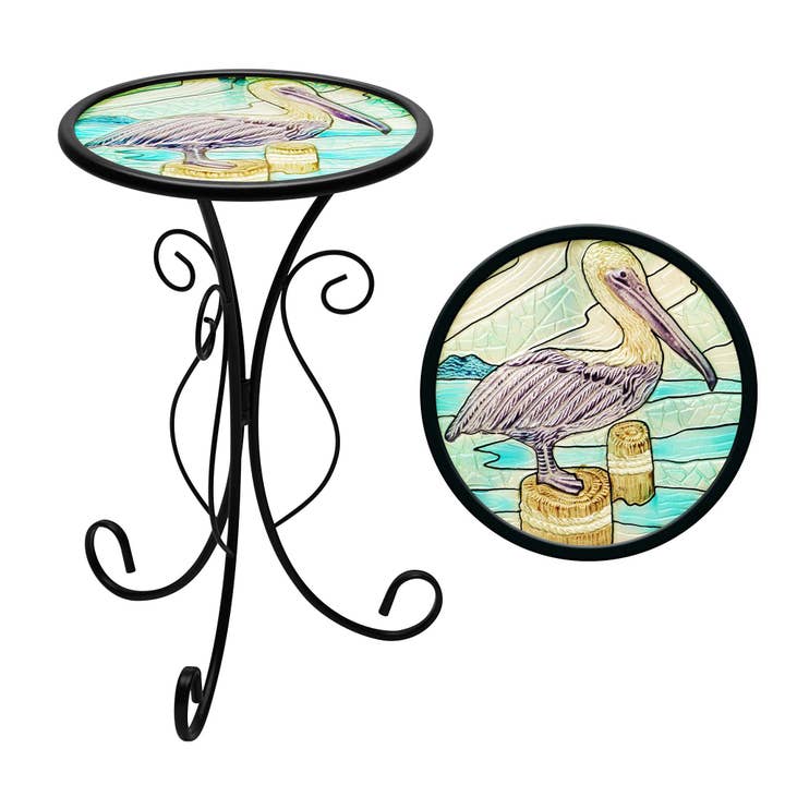 Table d'appoint ronde en verre de 30 cm G128 motif pélican | Support de plante décoratif, petite table d'appoint pour jardin, patio, porche, salon pour la vente par G128