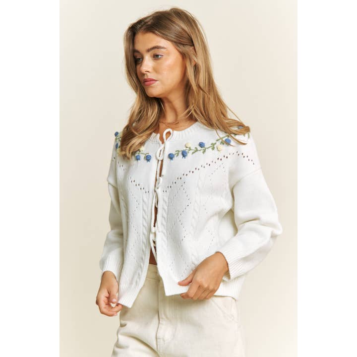 Off White CUTE 3D FLORAL EMBROIDERY ACCENT ON SHOULDER CARDIGAN WITH B for wholesale on Faire