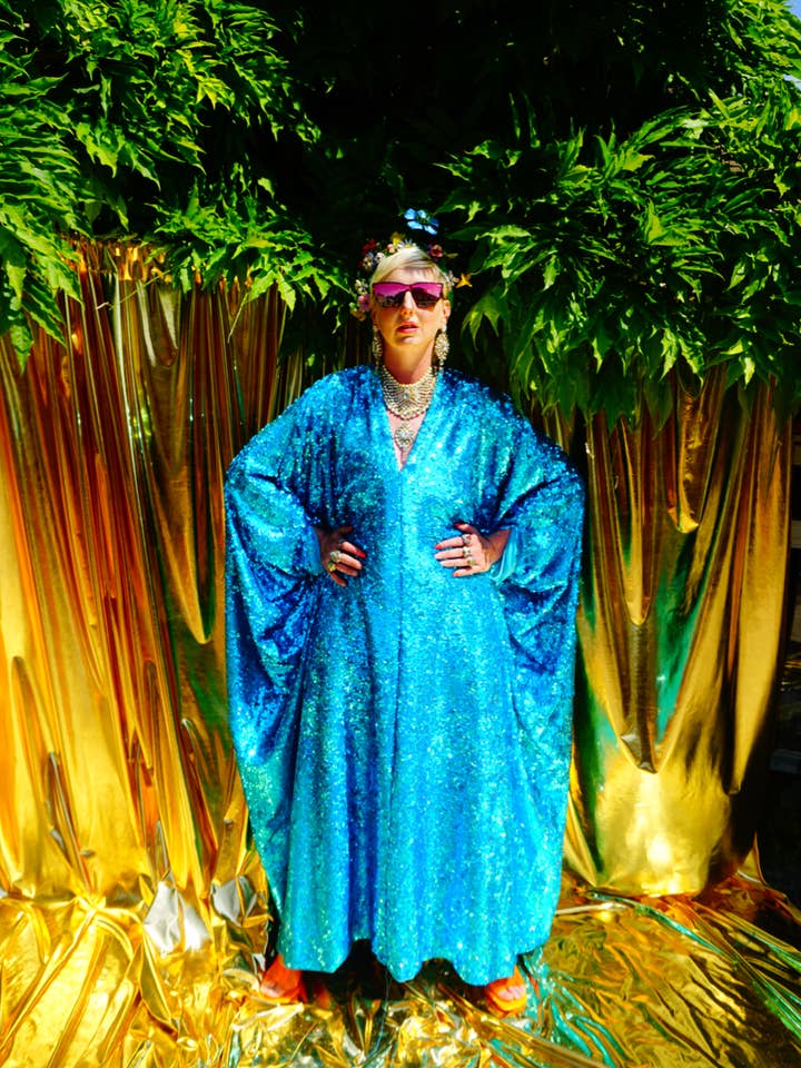 Fumbalinas - Vente Caftan – femme - Robe Caftan Maxi en Sequins Holographiques Turquoise / Kimono Robe14