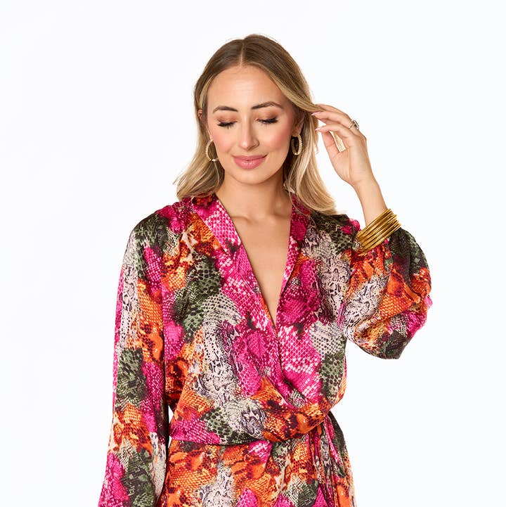 Jace Frio River Pink Snake Print Flowy Long Sleeve Romper for wholesale by BuddyLove