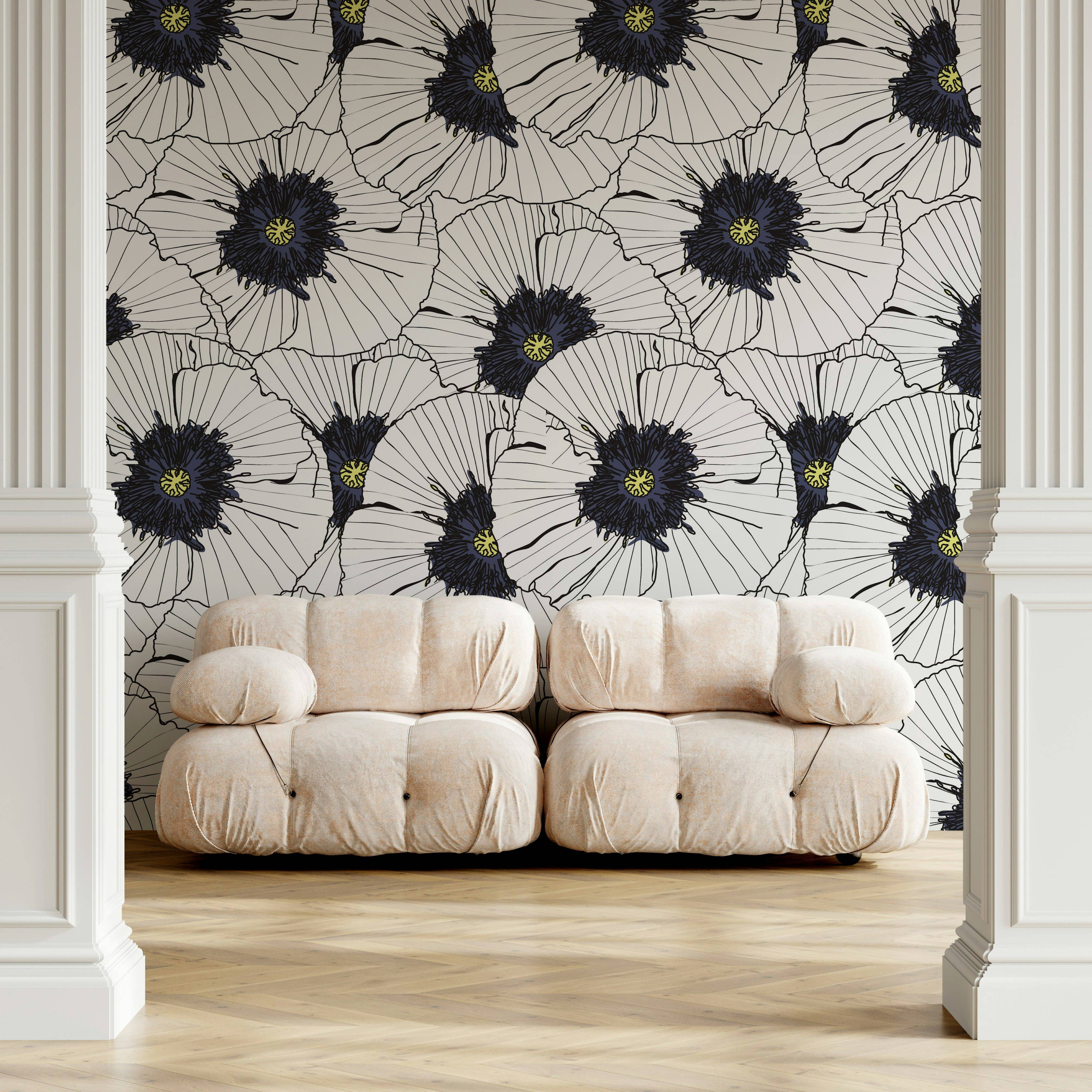 GK Home Decor – wholesale Wallpaper – Vector Draw Flowers Background Black and White Floral Mural3