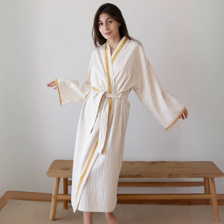 Vivamaison - Wholesale Robe - Unisex - Premium Striped Cotton Kimono Bathrobe, Lightweight Comfort
