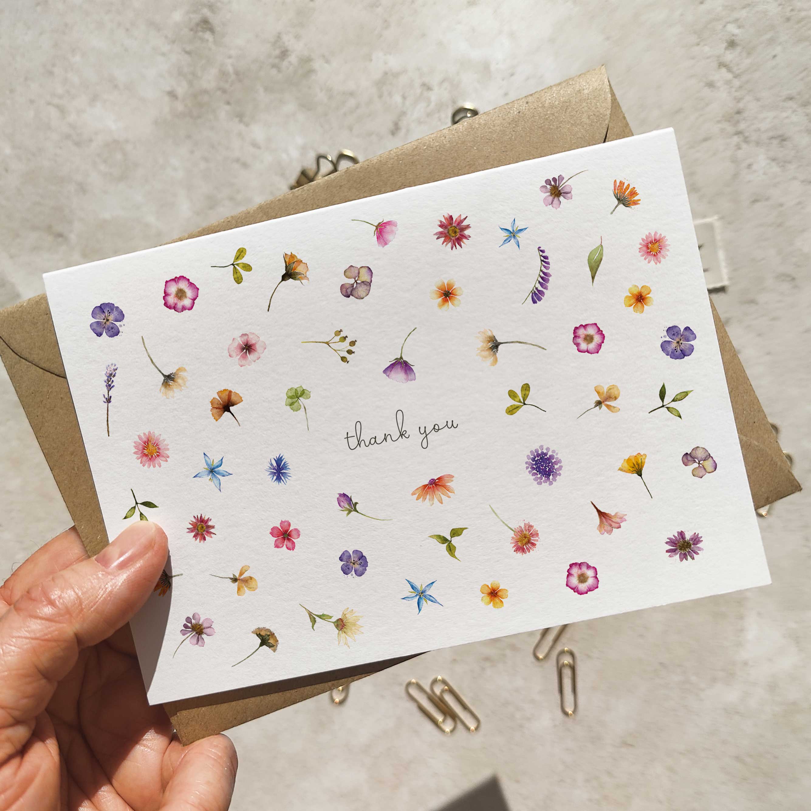 Paper Willow – wholesale Thank you card – Pressed Wildflowers Folded Thank You Card and Envelope0