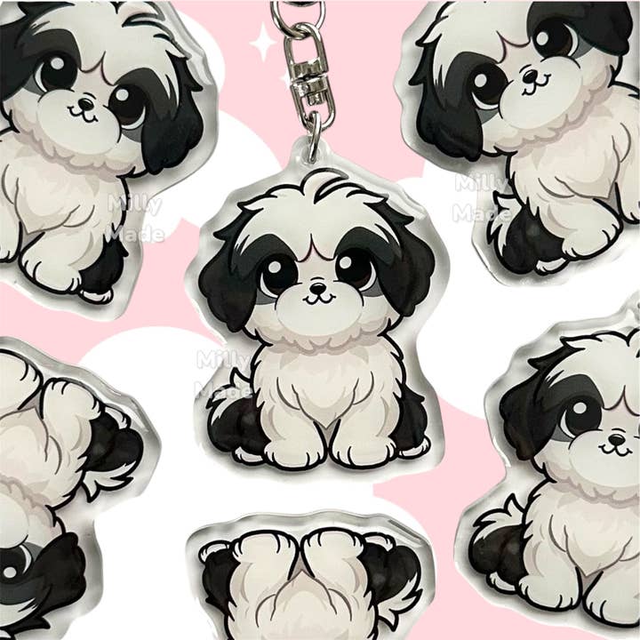 Sort og hvid Shih Tzu korthåret akryl hundenøglering med epoxyharpiks | Let-klip, sød hundetegneserie, håndtegnet design, gave til hundeelskere for engroshandel hos Milly Made Designs
