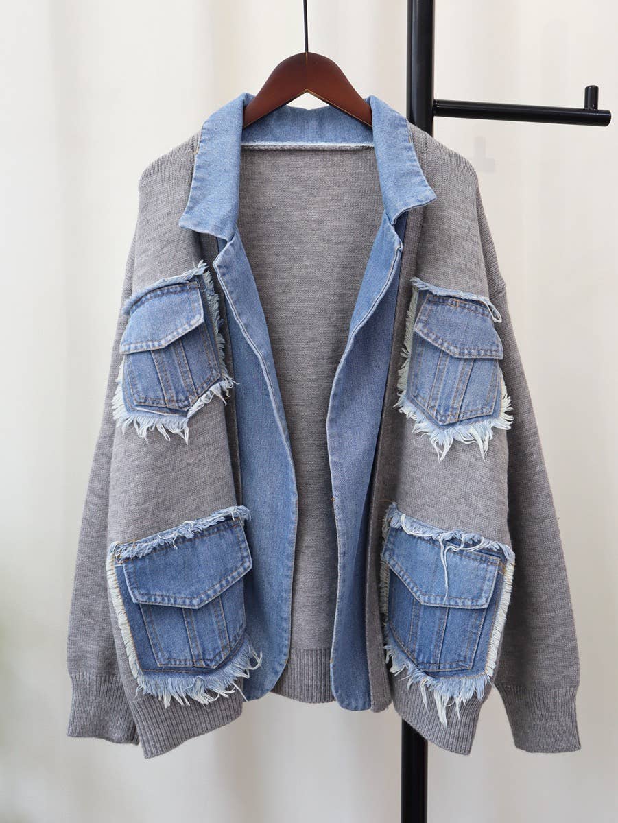 Productseeker - Wholesale Cardigan - Women's - JP26 2025 Autumn Denim Patchwork Casual Knit Cardigan1