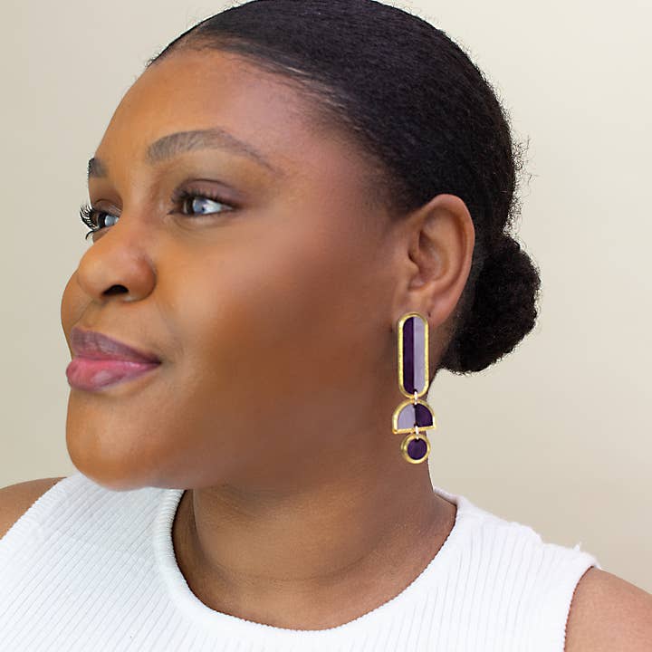 Moon-Seed - Wholesale Dangle Earrings - Lanie - Purple Gold Acrylic Dangle Statement Earrings2