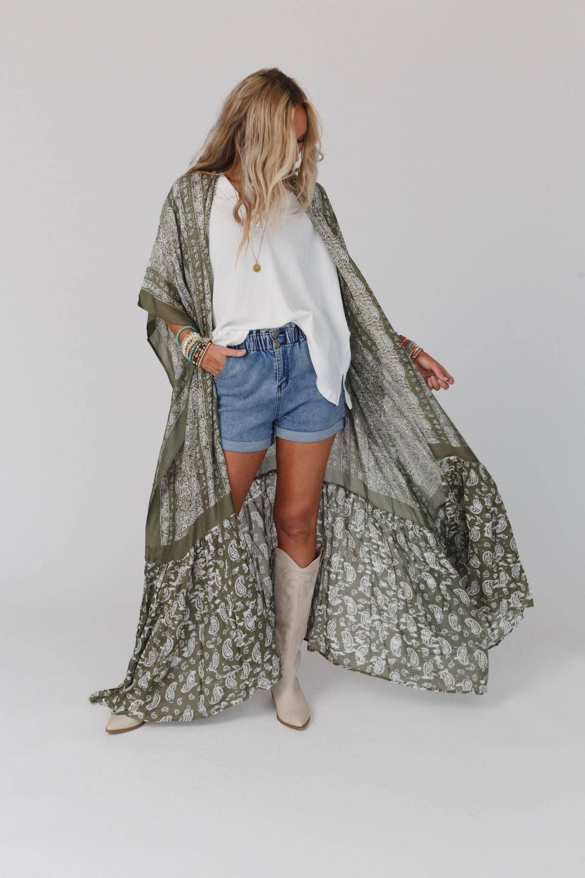 Three Bird Nest - Wholesale Kimono - Women's - Paisley Tapestry Free Flow Duster Kimono - Olive11