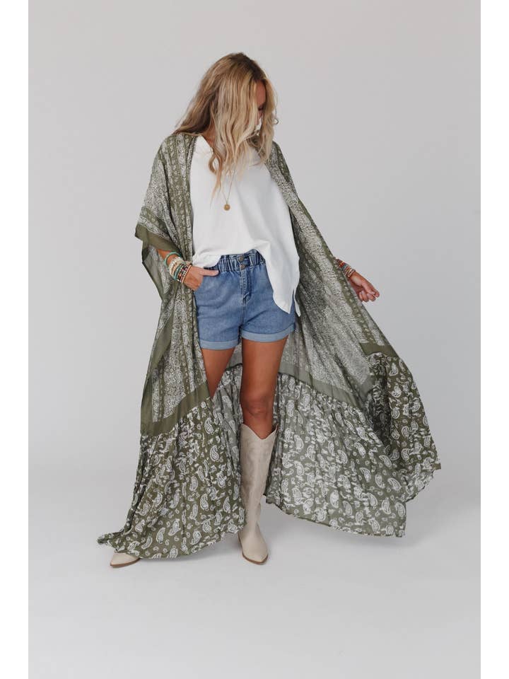 Three Bird Nest - Wholesale Kimono - Women's - Paisley Tapestry Free Flow Duster Kimono - Olive11