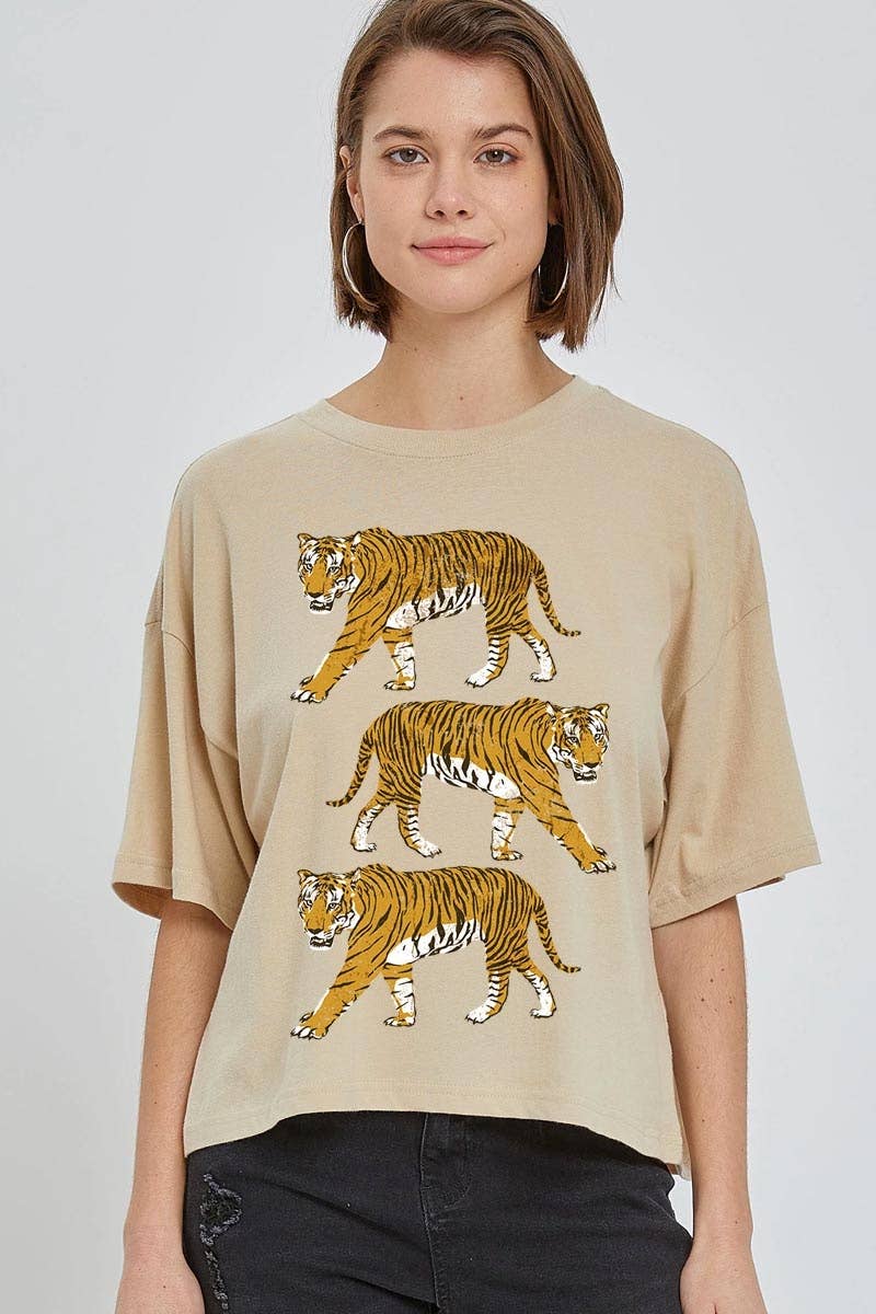 COLORBEAR - Venta al por mayor Camiseta estampada - Mujer - Top corto relajado gráfico de tigres retro4