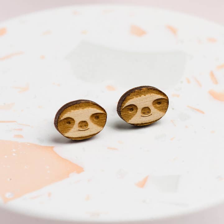 Wooden Sloth Stud Earrings for wholesale by Ginger Pickle