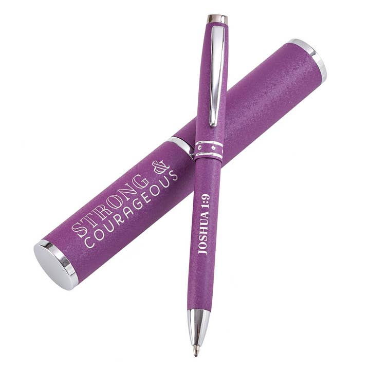 Pen in Case Purple Strong & Courageous Josh. 1:9 for wholesale by Christian Art Gifts
