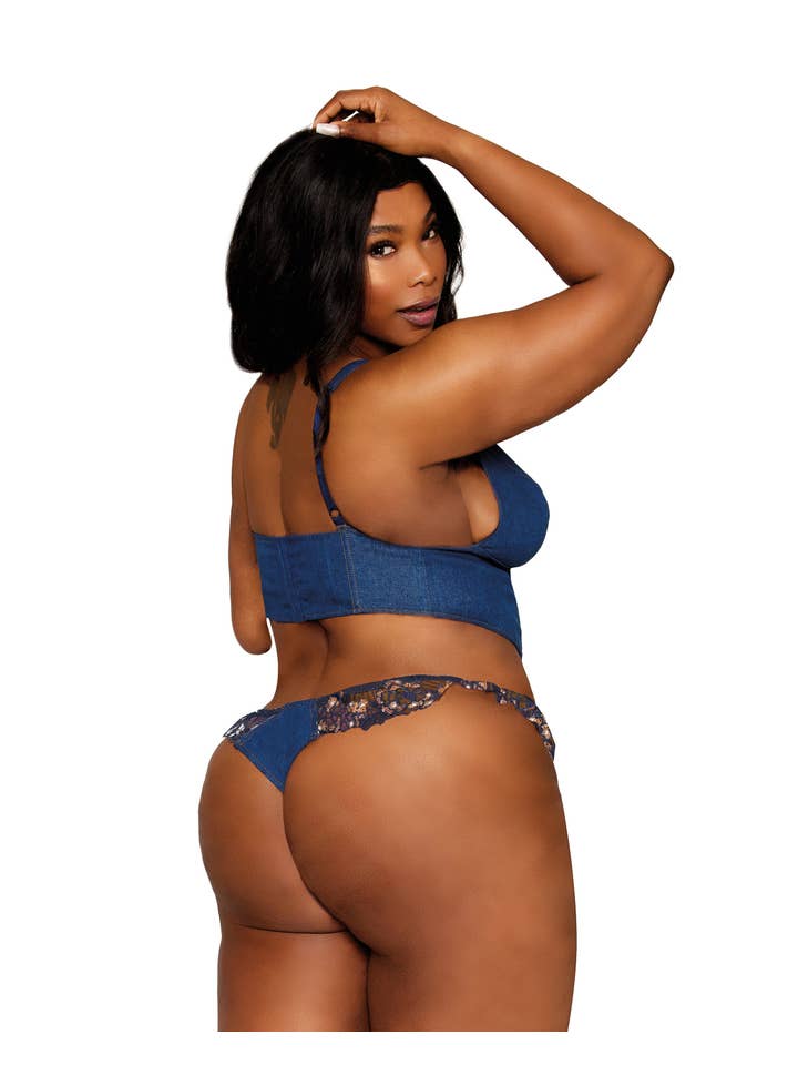 Dreamgirl Plus Size Stretch Denim Cropped Bustier and Matching G-string Set with Embroidery Lace Details for wholesale on Faire