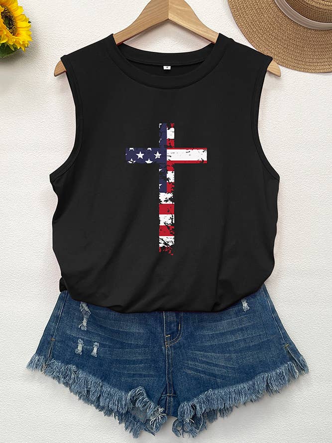 UNISHE - Wholesale Tank Top - Women's - USA Flag Cross Christian Print Graphic Tank Top STC125D50