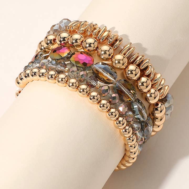 Sensibling Corp. - Venta al por mayor Juegos de joyas - Pulseras elásticas multicapa con cuentas facetadas de bola de metal de 5 piezas16