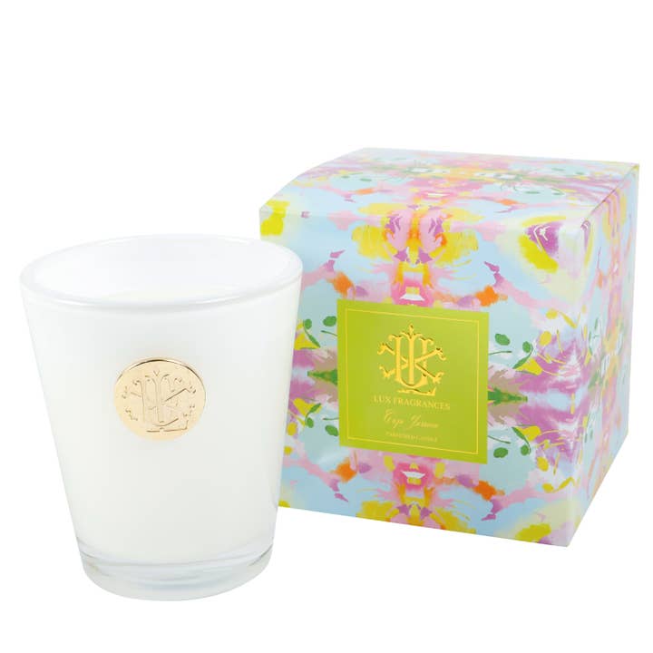 Cape Jasmine 8 oz Designer Box Candle MIN 6 for wholesale by LUX FRAGRANCES