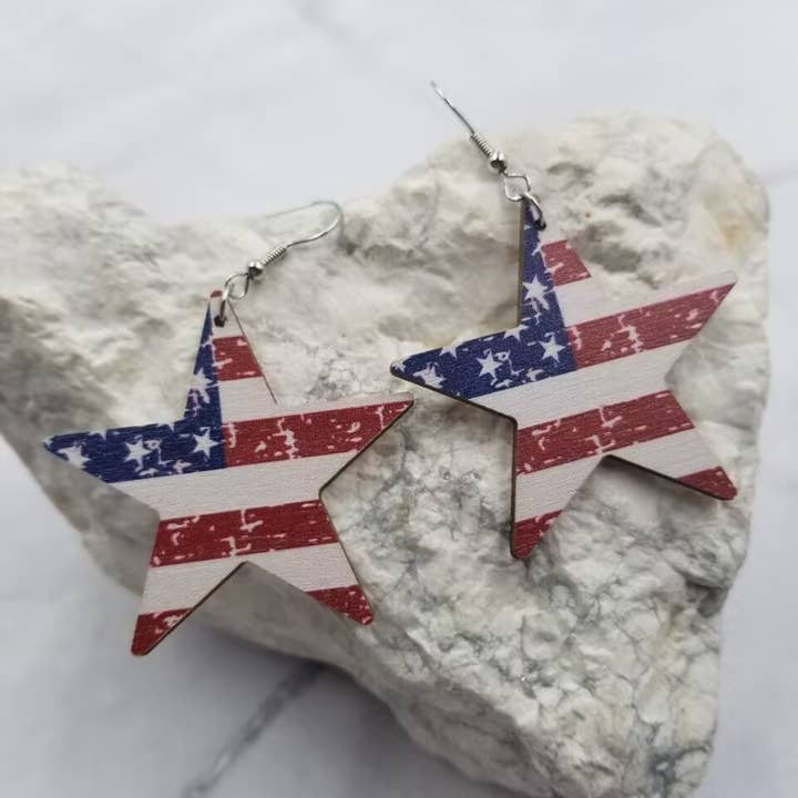 Wood Patriotic Stars Earrings for wholesale by The Pretty Jewellery