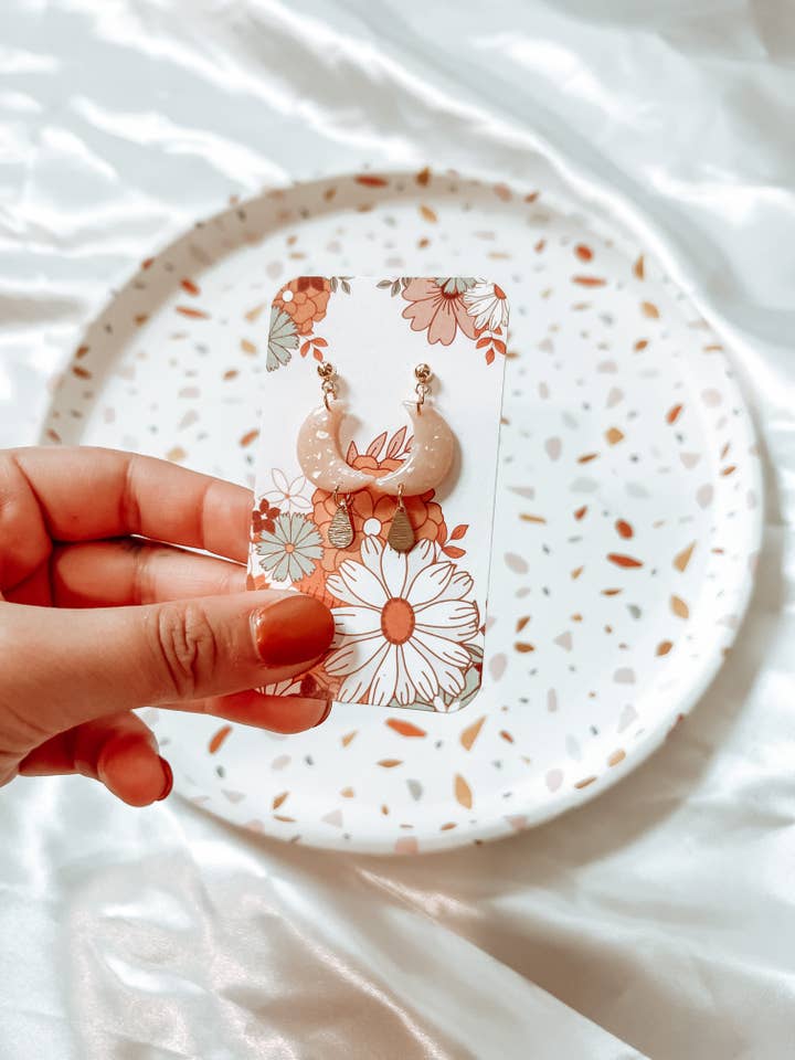 Sparkly Peach Moon Polymer Clay Earrings for wholesale by Belu Designss