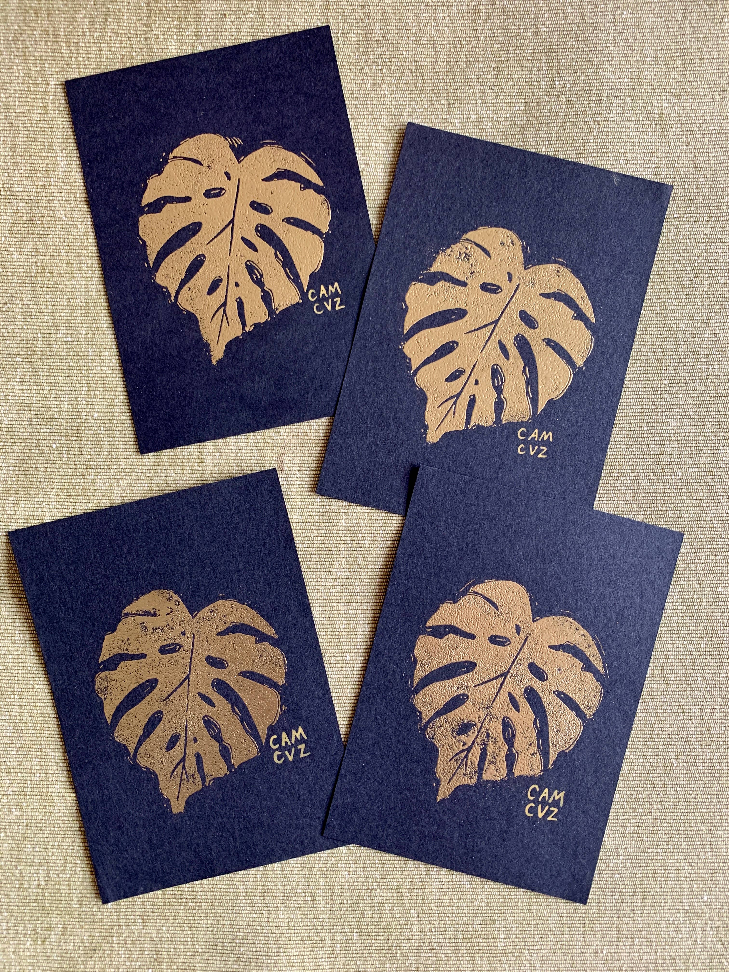 Camille Cauvez illustration et papeterie - Wholesale Wall Art Set - Monstera set of 4 gold linocuts | handmade prints1