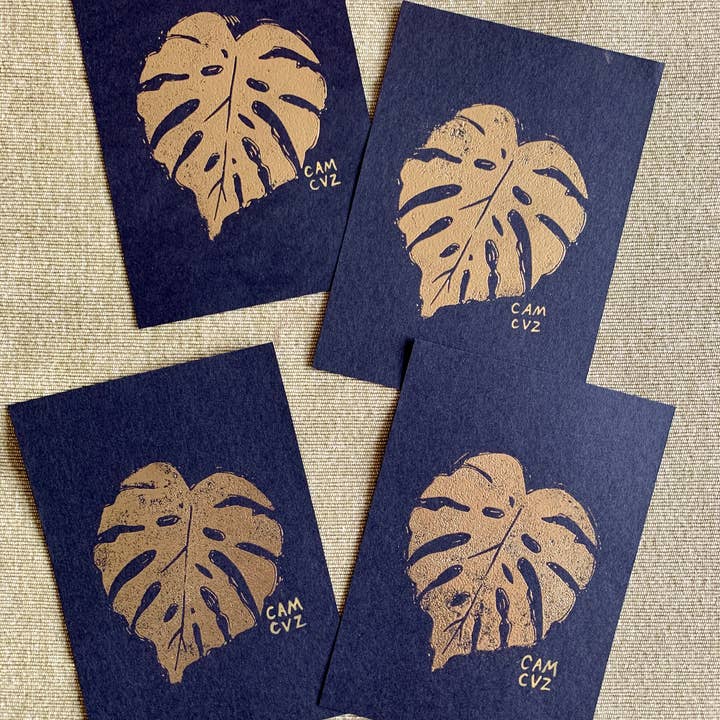 Camille Cauvez illustration et papeterie - Wholesale Wall Art Set - Monstera set of 4 gold linocuts | handmade prints1