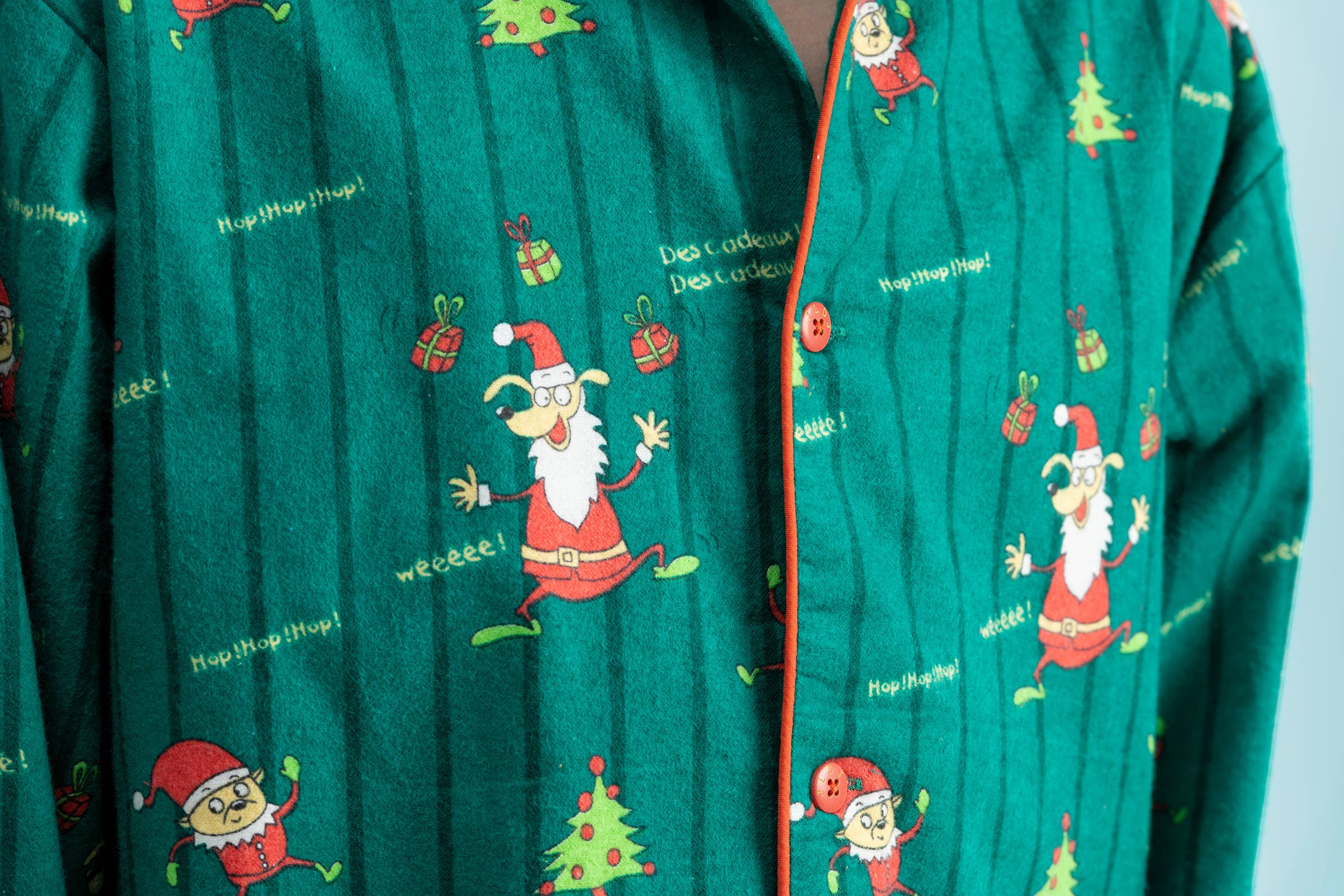 Green Children's flannel pajamas with Christmas elf print for wholesale on Faire5