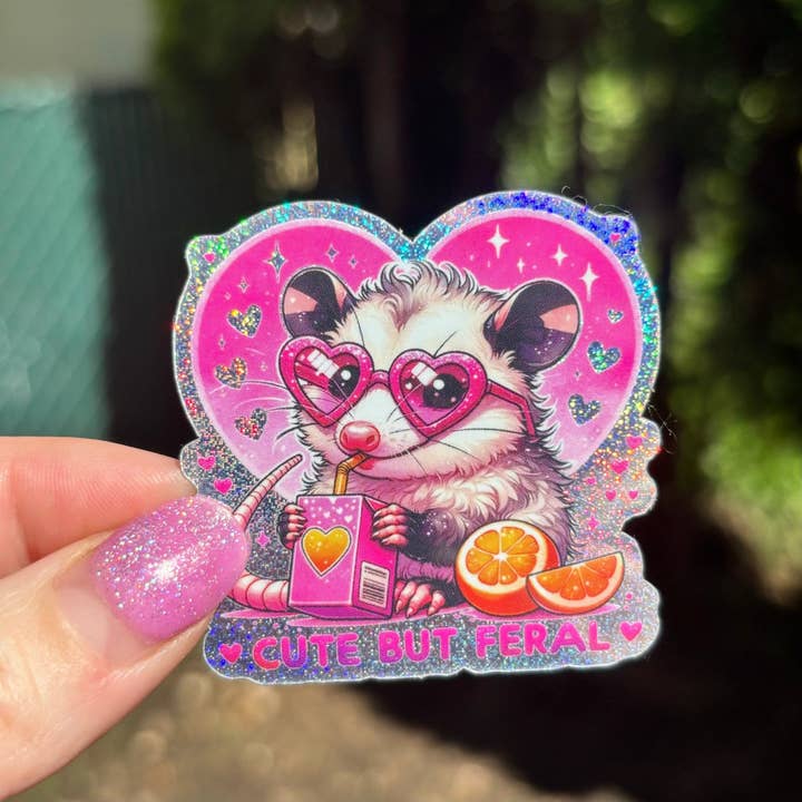 Cute but Feral Possum Glitter Sticker for wholesale by Awfullynerdy.co