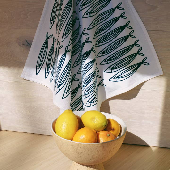Julie Peach - Wholesale Tea towel - White Sardines 20" Tea Towel - Silkscreened 100% Cotton