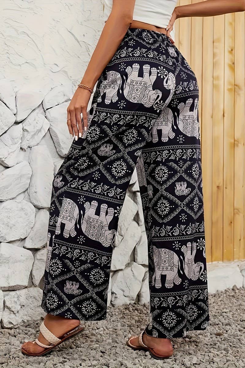 BLACK CWBLP2076_BOHO ELEPHANT PRINT DRAPED WIDE LEG PANTS for wholesale on Faire4